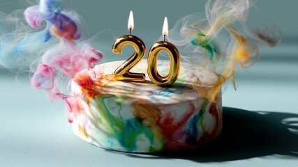 Colorful birthday cake with vibrant swirls and golden number candles representing the age twenty, surrounded by soft smoke and a serene blue background, creating a festive celebration atmosphere