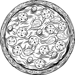 Black and white vinatge woodcut style pizza illustration featuring detailed toppings like pepperoni, basil, and olives. Bold lines and vintage texture evoke rustic culinary charm.