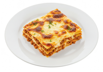 A delicious portion of homemade lasagna on a white plate, isolated on transparent background