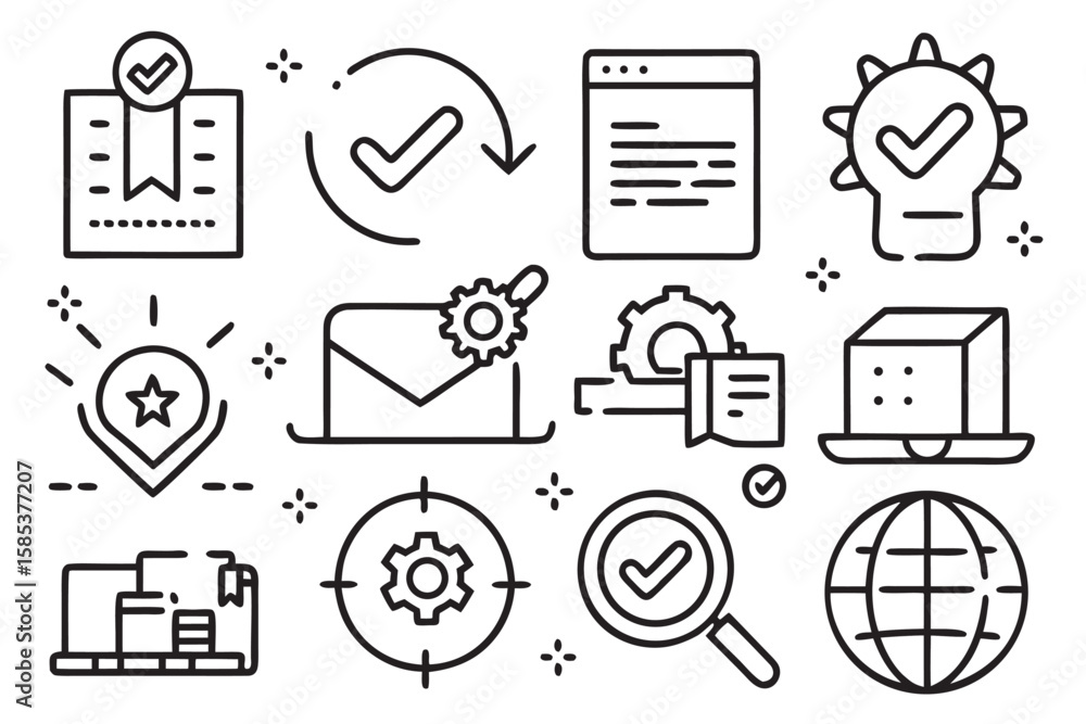 Poster collection of business and technology icons with checkmarks and gears vector