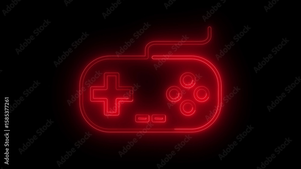 Poster red neon retro game controller on black background
