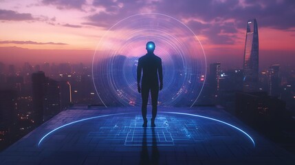 Cybernetic Contemplation: A solitary figure stands atop a modern cityscape, a beacon of digital thought and technological contemplation against the backdrop of a vibrant dusk sky. 
