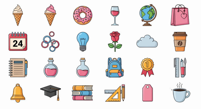 Assorted Icons Illustration, A Delightful Mix of Daily Objects and Academic Emblems