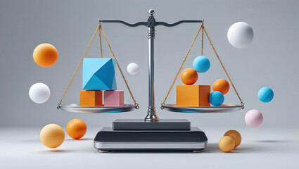 Balancing scale holding blue cube and orange blocks via gold-chain in studio with floating spheres