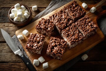 Chocolate rice crispy treats, cut into squares on a wooden board with a knife, and marshmallows, close-up food photography.