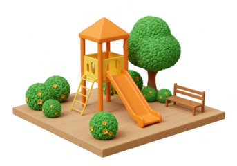 A miniature playground with a slide, ladder, bench, and bushes sits on a square platform isolated on transparent background