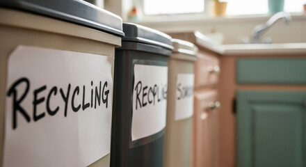 Illustration of several recycling bins are lined up in kitchen, each clearly labeled for waste sorting and environmental responsibility