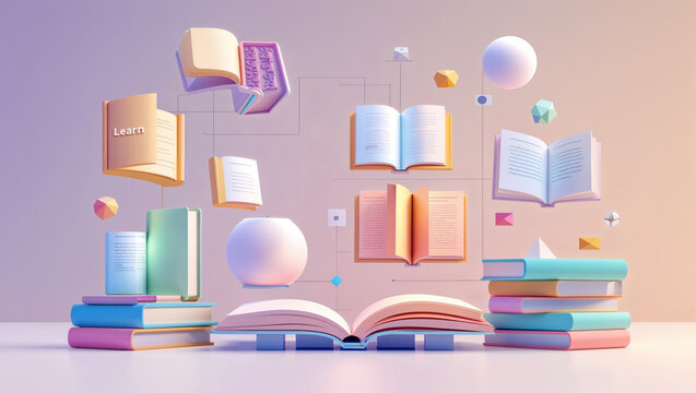 Showcasing large open book lying flat on pastel tabletop, with floating books, geometric shapes