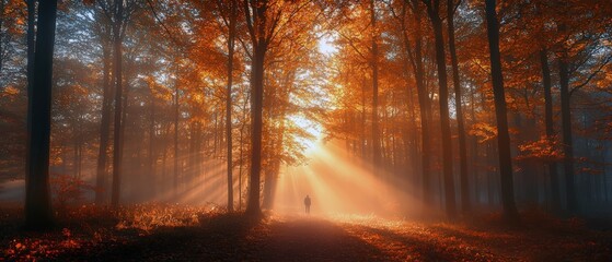 Misty autumn morning forest path with single figure walking, golden foliage, atmospheric moody cinematic scene, tranquil nature background copy space