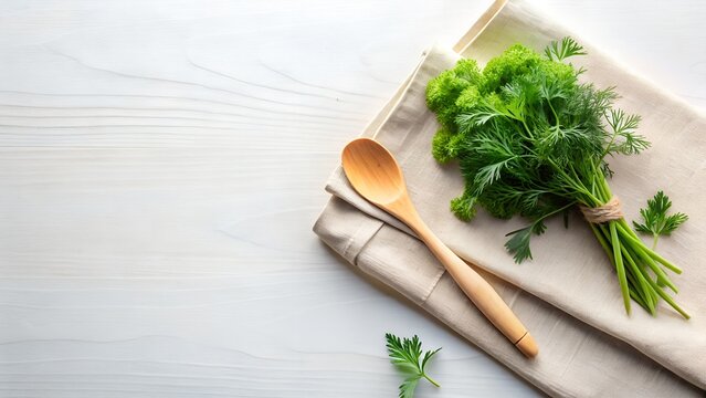 Fresh Parsley and Dill Herb Bundle with Wooden Spoon on Linen, Minimalist Food Photography
