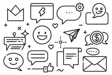 Collection of communication and social media icons with hand-drawn style chat message