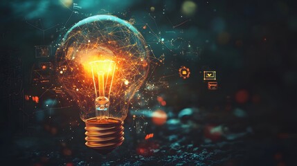 Illuminating Idea: An incandescent light bulb, radiates brilliance amidst a celestial backdrop, symbolizing innovative thought, creative ingenuity and the spark of fresh ideas.