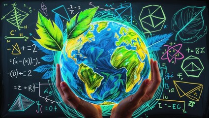 Realistic human hands cradling chalk-drawn globe with green leaves in chalkboard science scene