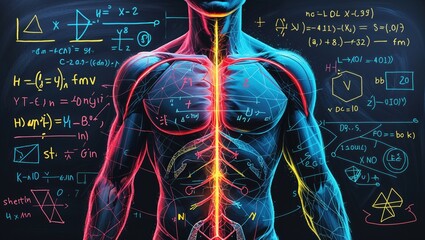Highlighting male torso displaying chest, spine and nerves on board, with neon equations