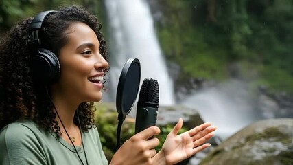 Young Brazilian woman with curly hair hosting a podcast with a microphone in her hand, wearing headphones. In the background is a waterfall and lush greenery. - Powered by Adobe