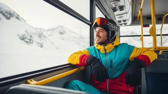Male Skier Enjoying Scenic View from Bus in Snowy Mountains