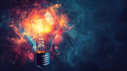Illuminating Idea: A luminous light bulb bursts forth with fiery energy, an artistic representation of a brilliant idea against a dynamic backdrop of cosmic nebulae. 