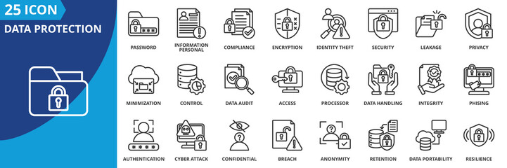 data protection icon set collection in outline style. an icon pack contain cyber security,  encryption,  privacy,  compliance,  password,  access,  control,  authentication,  confidential, antivirus