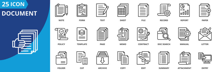 document icon set collection in outline style. an icon pack contain summary, file, paper, report, form, record, sheet, text, note, page, letter, memo, contract, template, archive, attachment, policy