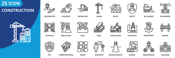 construction icon set collection in outline style. an icon pack contain equipment,  contractor,  crane,  build,  bulldozer,  skyscraper,  scaffold,  bricklayer,  tool,  steel, demolition, excavation