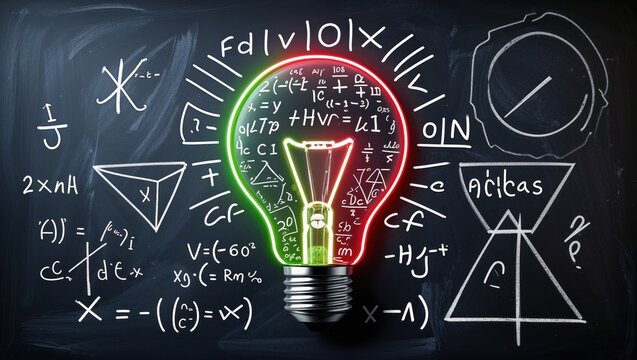 Glowing red-green neon-outlined bulb illuminating chalkboard in classroom, showing chalk formulas