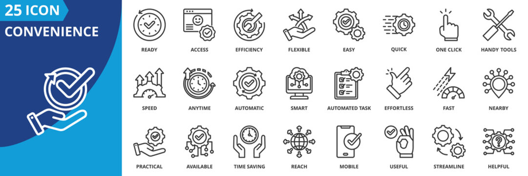 convenience icon set collection in outline style. an icon pack contain  easy,  quick,  access,  flexible,  handy tools,  ready,  smart,  fast,  anytime, nearby,  automatic, available,  useful, helpful