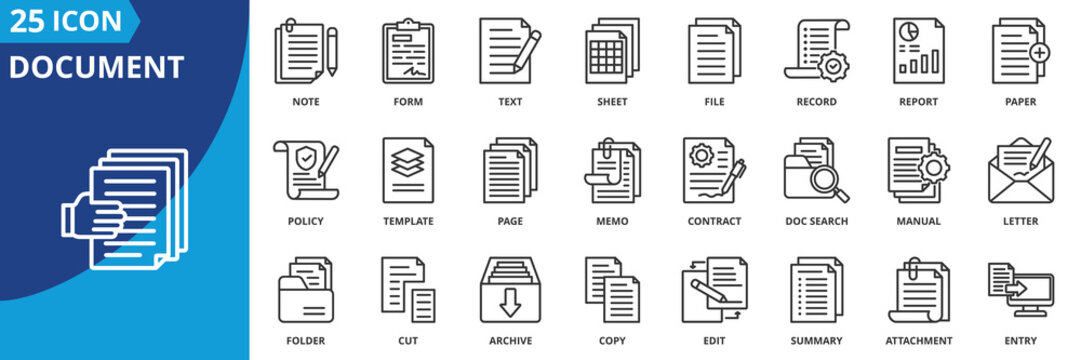 document icon set collection in outline style. an icon pack contain summary, file, paper, report, form, record, sheet, text, note, page, letter, memo, contract, template, archive, attachment, policy