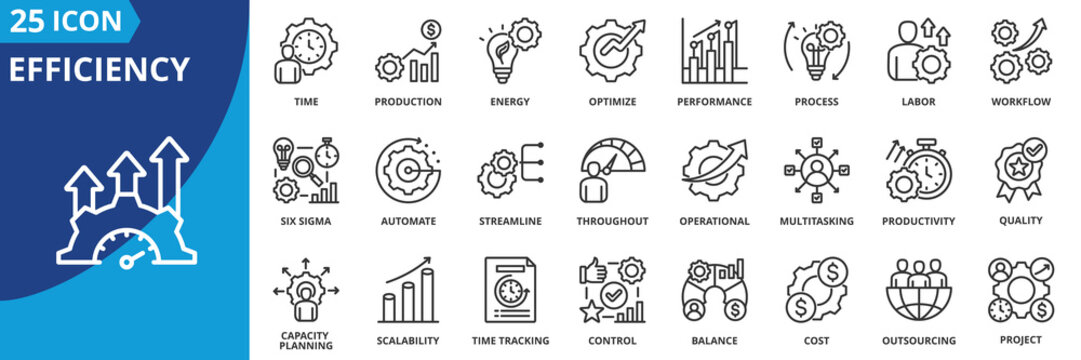 efficiency icon set collection in outline style. an icon pack contain operation, production, time, energy, optimize, performance, process, labor, workflow, six sigma, automate, streamline, resource