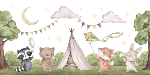 Woodland friends. Watercolor hand-drawn horizontal border with bear, bunny, fox, raccoon, tree, bush, wigwam and garland. Seamless pattern for kids.