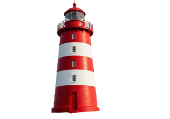 A red and white striped lighthouse stands tall against a clear sky, isolated on transparent background