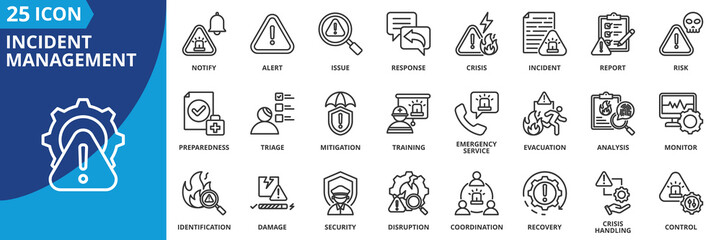 incident management icon set collection in outline style. an icon pack contain alert, report, issue, response, risk, damage, monitor, disruption, recovery, security, crisis, triage, mitigation