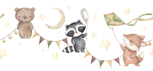 Woodland friends. Watercolor hand-drawn horizontal border with bear, fox, raccoon, moon, stars and garland. Seamless pattern for kids.