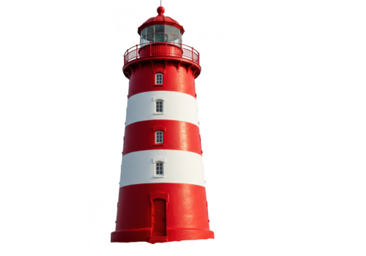 A red and white striped lighthouse stands tall against a clear sky, isolated on transparent background