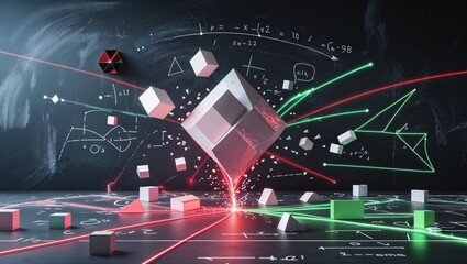 Hovering metallic cube glowing red above shiny floor with sparks cubes lasers chalkboard equations