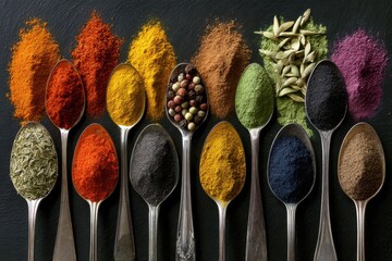 Colorful array of spices and herbs in metal spoons on a dark background. A wide variety of colorful spices, herbs, leaves, and seeds arranged neatly together in the shape of an X.