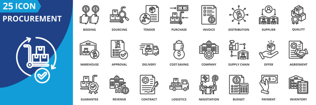 procurement icon set collection in outline style. an icon pack contain purchase, supplier, contract, sourcing, invoice, tender, bidding, negotiation, supply chain, delivery, logistics, inventory