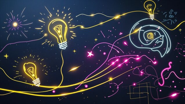 Showing three glowing neon yellow bulbs linking cables on navy backdrop with pink and blue trails - Powered by Adobe