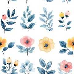 A beautiful watercolor floral seamless pattern with lovely flowers and leaves.