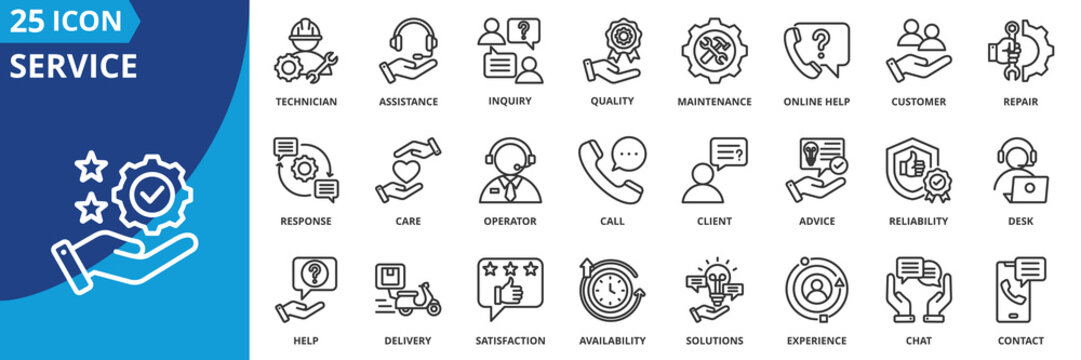 service icon set collection in outline style. an icon pack contain help, assistance, maintenance, repair, customer, technician, inquiry, care, call, response, solutions, availability, satisfaction