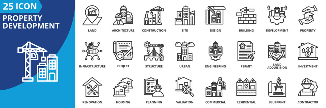 property development icon set collection in outline style. an icon pack contain construction, building, architecture, design, land, site, permit, project, engineering, investment, infrastructure