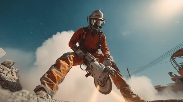 Worker on the Job: An industrial worker, dressed in protective gear and wielding a powerful saw, epitomizes strength and diligence amidst a construction site, showcasing the essence of the job.