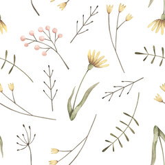 Woodland. Watercolor hand-drawn seamless pattern with wildflowers. Cute print for kids