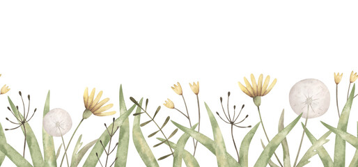 Woodland. Watercolor hand-drawn horizontal border with wildflowers - dandelions, small flowers and blades of grass. Seamless pattern for kids.