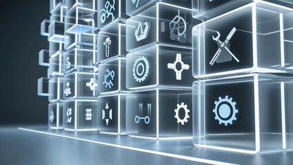 Floating glowing translucent cubes in studio forming grid on reflective floor, with technical icons