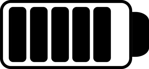 A simple black and white icon representing a battery with five bars indicating a full charge