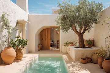 Patio mediterráneo con piscina, plantas en macetas y paredes de piedra