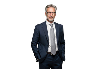 A confident businessman in a suit with glasses is isolated on transparent background, exuding professionalism and success