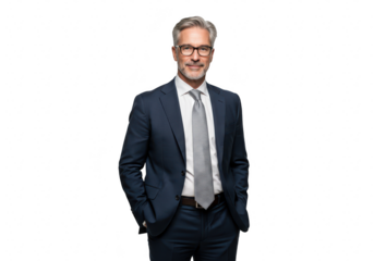 A confident businessman in a suit with glasses is isolated on transparent background, exuding professionalism and success