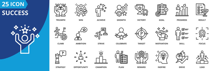 success icon set collection in outline style. an icon pack contain goal, achieve, win, growth, progress, victory, result, triumph, target, reward, celebrate, motivation, strive, climb, lead, inspire