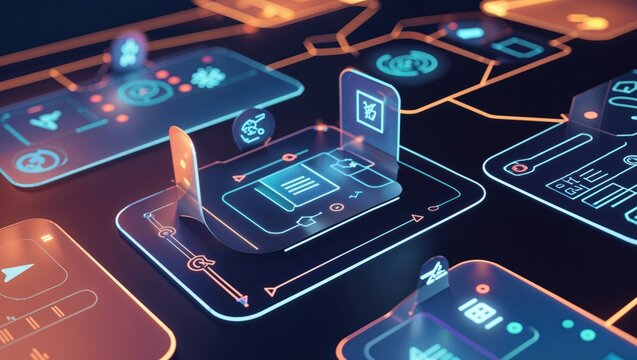 Displaying holographic panels pulsing in virtual control room, with document icon and graphs